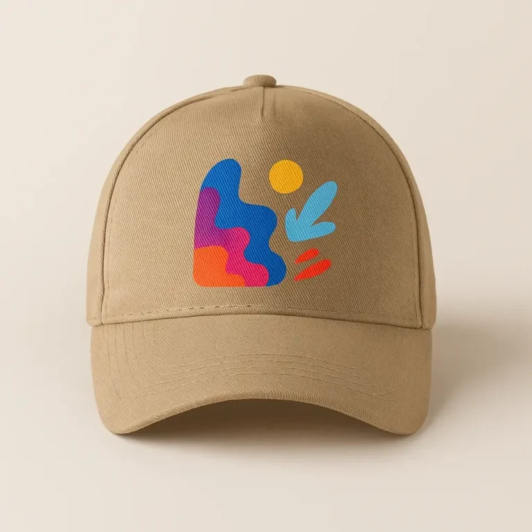 Șapcă crem personalizată cu poză abstractă color – design artistic multicolor imprimat prin transfer termic pe fundal crem elegant