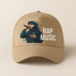 Șapcă crem personalizată cu poză rapper – model RAP MUSIC imprimat prin transfer termic, stil urban elegant, fundal crem cald pentru contrast clar