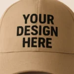 Șapcă crem personalizată – detaliu imprimare clară cu text negru pe fundal deschis, design elegant și contrast vizibil