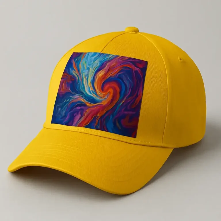 Șapcă galbenă personalizată cu design abstract multicolor – fundal luminos, contrast artistic și vizibilitate maximă