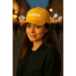 Șapcă galbenă personalizată cu nume, model unisex purtat de femeie, text alb iRealPrint imprimat clar pe fundal luminos pentru vizibilitate maximă