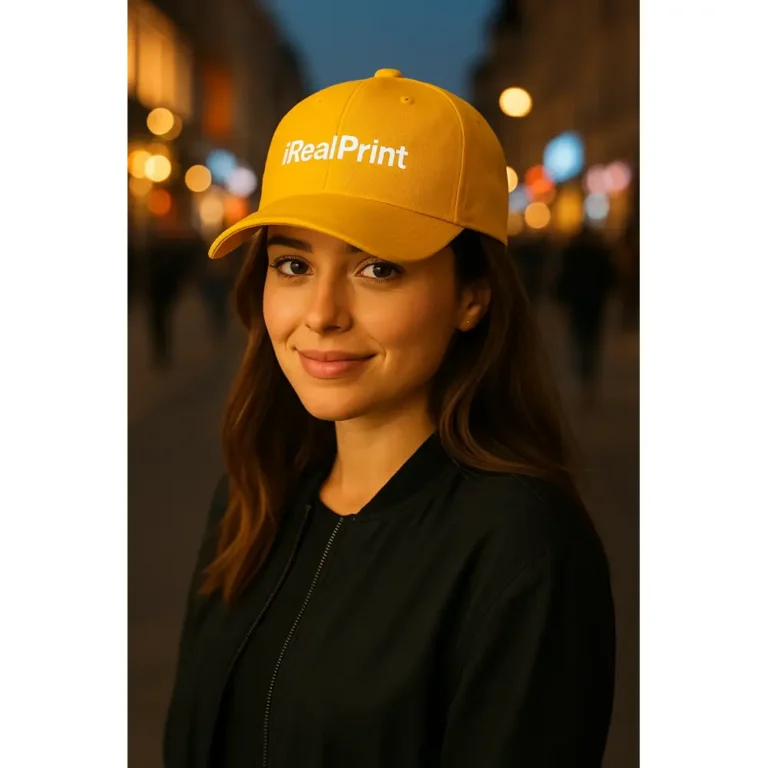 Șapcă galbenă personalizată cu nume, model unisex purtat de femeie, text alb iRealPrint imprimat clar pe fundal luminos pentru vizibilitate maximă