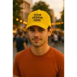 Șapcă personalizată galbenă pentru bărbați – model urban, mesaj vizibil și contrast puternic, ideală pentru branding și evenimente outdoor