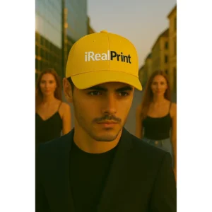 Șapcă galbenă personalizată iRealPrint – model masculin în ținută elegantă, fundal urban cu lumină de apus