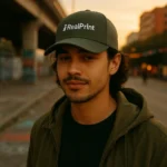 Bărbat purtând șapcă gri închis personalizată iRealPrint, outfit urban casual, fundal stradal la apus