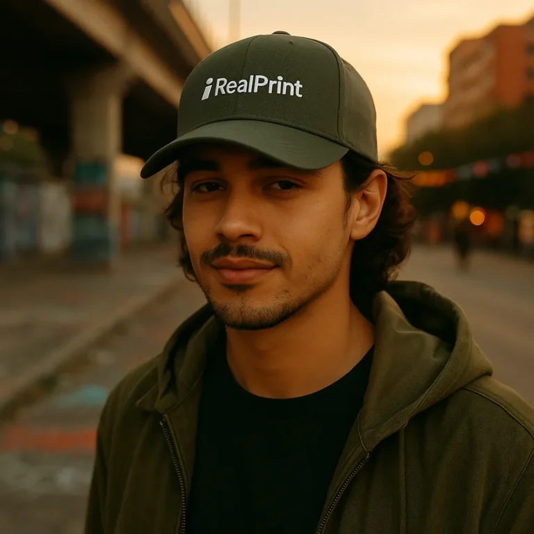 Bărbat purtând șapcă gri închis personalizată iRealPrint, outfit urban casual, fundal stradal la apus