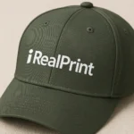 Șapcă gri închis personalizată – prim-plan cusături, inscripție frontală iRealPrint alb, vizieră curbată
