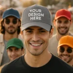 Șapcă gri personalizată complex – model masculin urban, inscripție albă contrastantă, ideală pentru echipe sau branding modern
