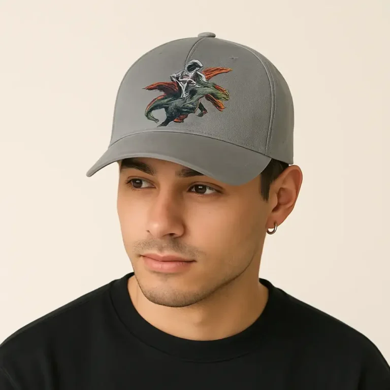 Șapcă gri personalizată cu imagine artistică – design modern, unisex, print clar și rezistent prin transfer termic