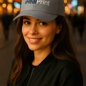 Șapcă gri personalizată cu nume – model iRealPrint purtat de femeie, design sobru și profesional