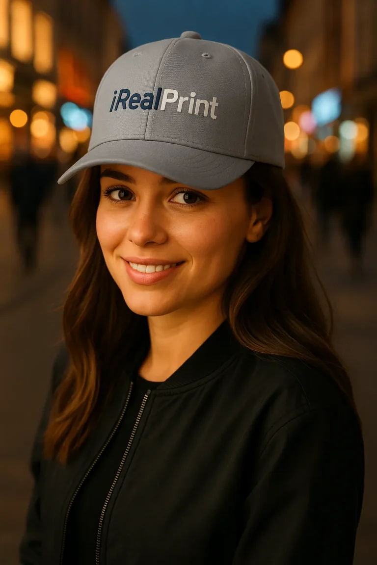 Șapcă gri personalizată cu nume – model iRealPrint purtat de femeie, design sobru și profesional