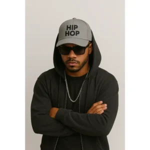 Șapcă gri personalizată cu text HIP HOP – accesoriu urban, stil modern, unisex, ideal pentru outfituri streetwear