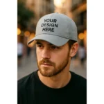 Șapcă gri personalizată după orice grafică – model masculin urban, fundal neutru pentru logo sau text vizibil