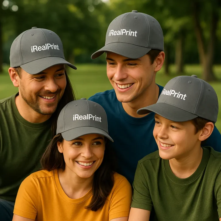 Șepci gri personalizate cu nume – grup de prieteni purtând șepci iRealPrint, design neutru și profesional
