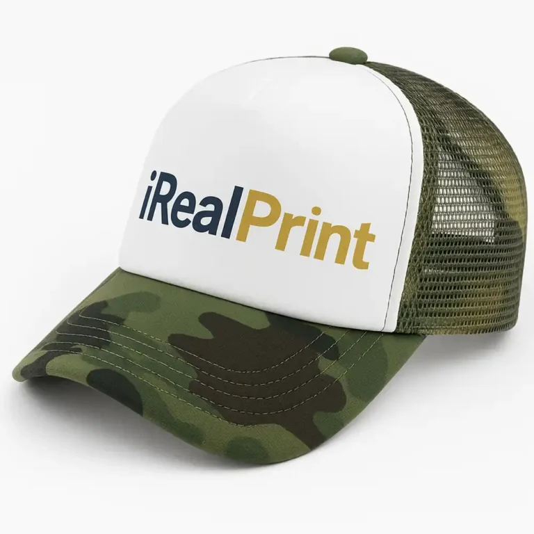 Șapcă pescar inscripționată camuflaj – față albă personalizată iRealPrint, cozoroc verde militar cu plasă aerisită