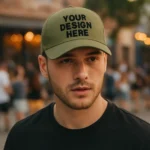 Șapcă personalizată kaki – model bărbați, fundal urban, personalizare vizibilă cu text negru