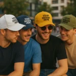 Șapcă personalizată kaki complex – grup de patru bărbați purtând șepci colorate, model urban casual