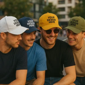 Șapcă personalizată kaki complex – grup de patru bărbați purtând șepci colorate, model urban casual