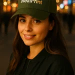 Șapcă kaki personalizată cu nume iRealPrint – model damă, logo alb și auriu imprimat pe fundal verde, purtată în oraș seara