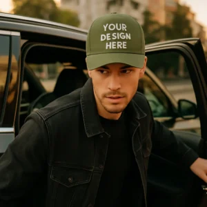 Șapcă personalizată kaki la comandă – model bărbătesc, ieșind din mașină, design urban cu text vizibil