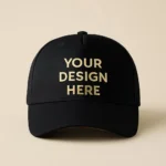Șapcă personalizată neagră – mockup frontal cu text auriu, personalizare prin transfer termic, contrast elegant și premium