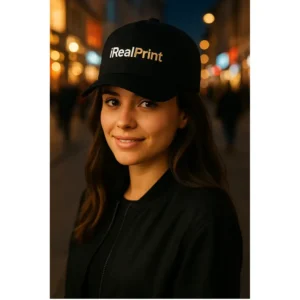 Șapcă neagră personalizată cu nume – design elegant, text auriu clar pe fundal închis, stil urban premium iRealPrint