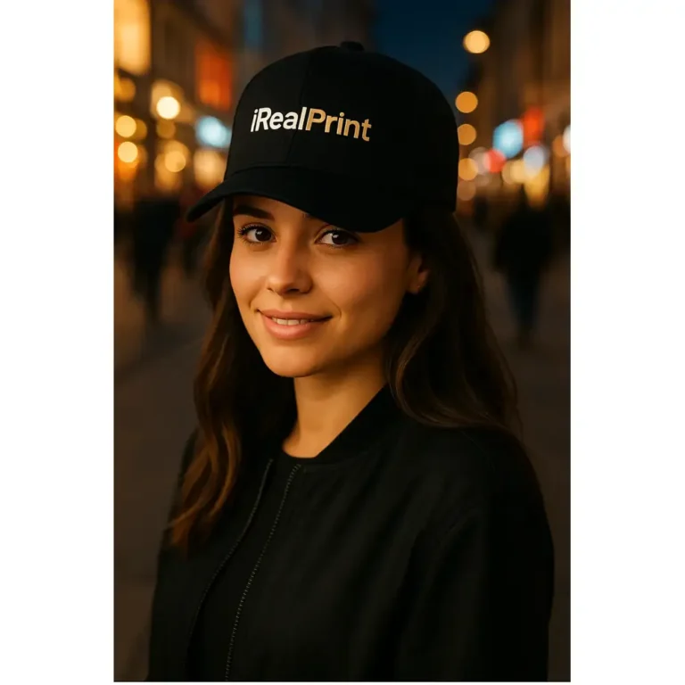 Șapcă neagră personalizată cu nume – design elegant, text auriu clar pe fundal închis, stil urban premium iRealPrint