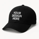 ChatGPT said: Șapcă personalizată neagră – mockup pe fundal alb, imprimare prin transfer termic pentru logo sau text, contrast clar și elegant