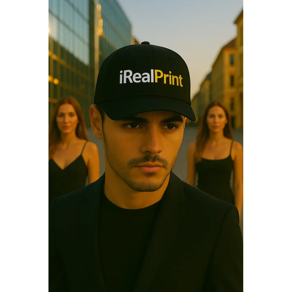 sapca-neagra-personalizata-dupa-orice-grafica Șapcă personalizată neagră – design exclusivist cu logo iRealPrint, personalizare prin transfer termic, stil premium urban