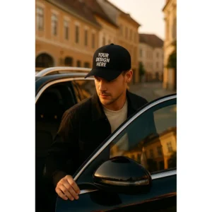 Șapcă personalizată neagră – look premium urban, personalizare prin transfer termic, ideală pentru branding vizibil
