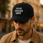 Șapcă personalizată neagră – fundal elegant pentru logo alb, imprimare prin transfer termic, stil urban modern