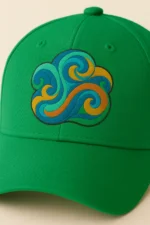 Șapcă verde personalizată cu design abstract colorat – imprimare clară prin transfer termic, fundal natural și stil creativ
