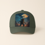 Șapcă gri închis personalizată cu imprimeu astronaut și corb – vedere frontală, design artistic full color, contrast premium pe fundal sobru