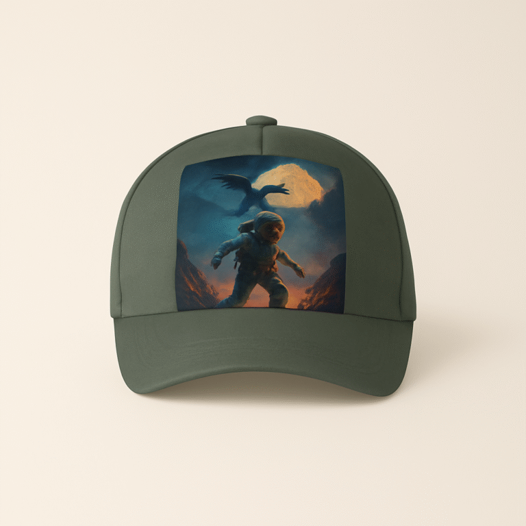 Șapcă gri închis personalizată cu imprimeu astronaut și corb – vedere frontală, design artistic full color, contrast premium pe fundal sobru