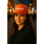 Șapcă portocalie personalizată cu nume iRealPrint purtată de femeie – design contrastant, fundal vibrant, ideal pentru branding și cadouri
