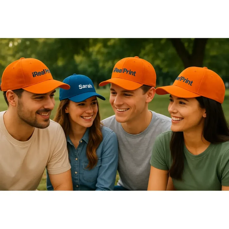 Șepci portocalii personalizate cu nume iRealPrint purtate de grup de prieteni – design contrastant, ideal pentru echipe și evenimente outdoor