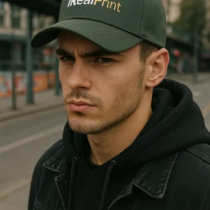 Șapcă gri închis personalizată cu nume și text – model premium, imprimeu auriu iRealPrint, stil urban și profesional