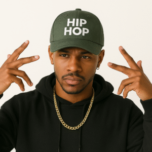 Șapcă gri închis personalizată cu imprimeu HIP HOP – model urban purtat de bărbat, design alb contrastant pe fundal sobru, stil streetwear premium