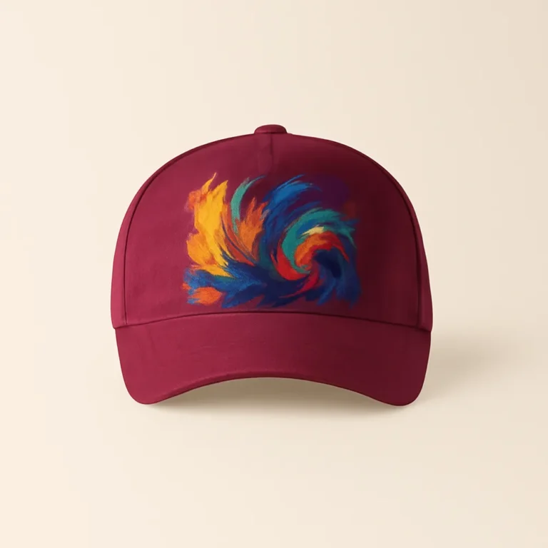 Șapcă vișinie personalizată cu design abstract multicolor, imprimeu artistic vibrant pe fundal burgundy.