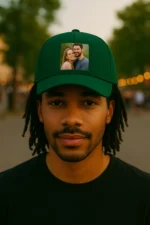 Șapcă verde personalizată cu fotografie cuplu – imprimare clară prin transfer termic, fundal natural și stil modern casual