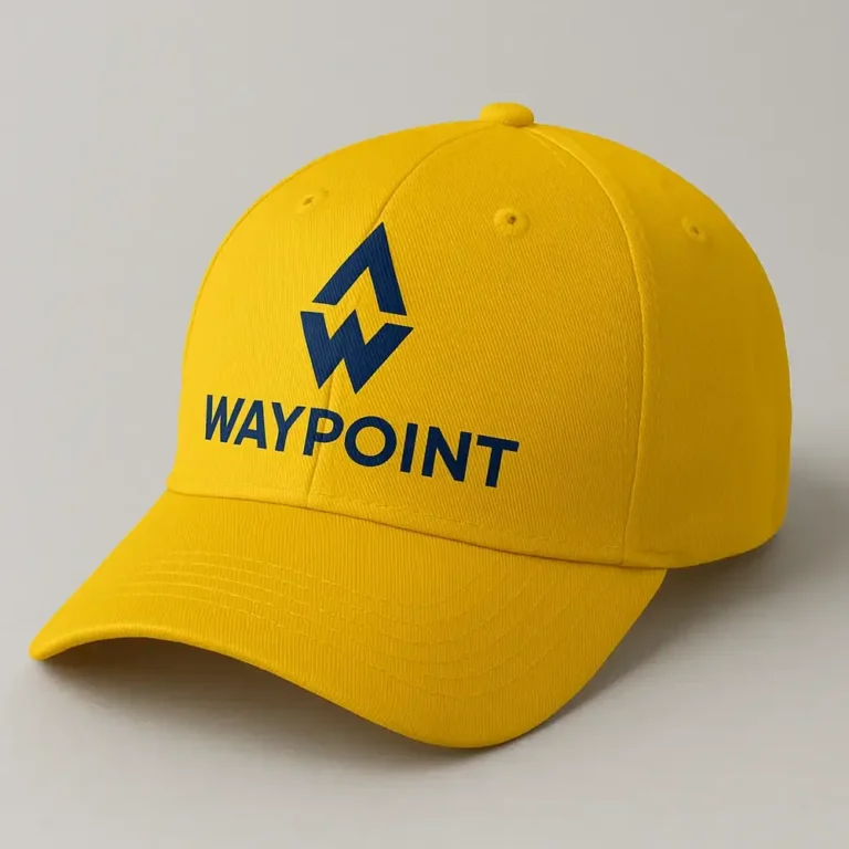 Șapcă galbenă personalizată cu logo Waypoint – fundal luminos, contrast puternic, branding corporativ vizibil și modern