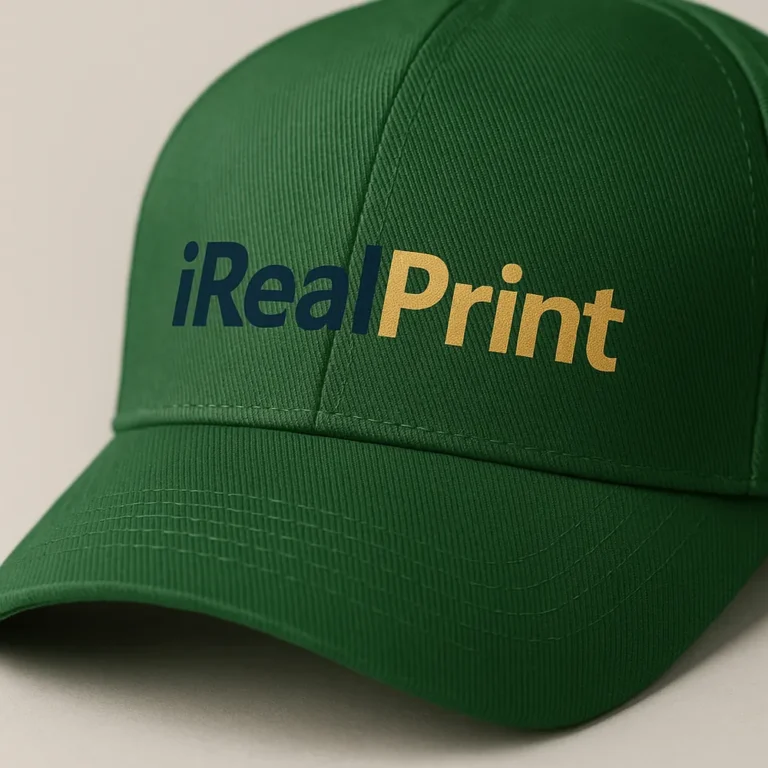 Șapcă verde închis personalizată cu text iRealPrint – logo imprimat albastru și auriu pe fundal verde
