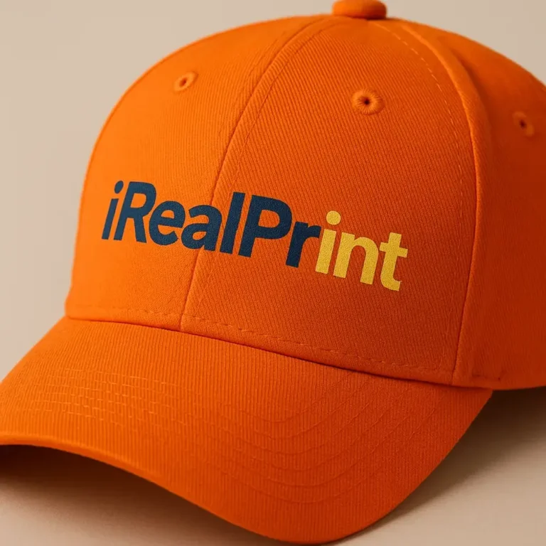 Șapcă portocalie personalizată cu text iRealPrint – model premium, fundal intens, imprimare durabilă pentru branding și cadouri