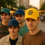 Șapcă galbenă personalizată purtată în grup – vizibilitate maximă pentru branding, contrast puternic și impact promoțional