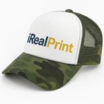 Șapcă pescar inscripționată – model camuflaj verde militar, față albă personalizată iRealPrint, plasă laterală aerisită