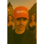 Șapcă portocalie personalizată – model lifestyle urban, ideală pentru branduri vizibile și campanii promoționale