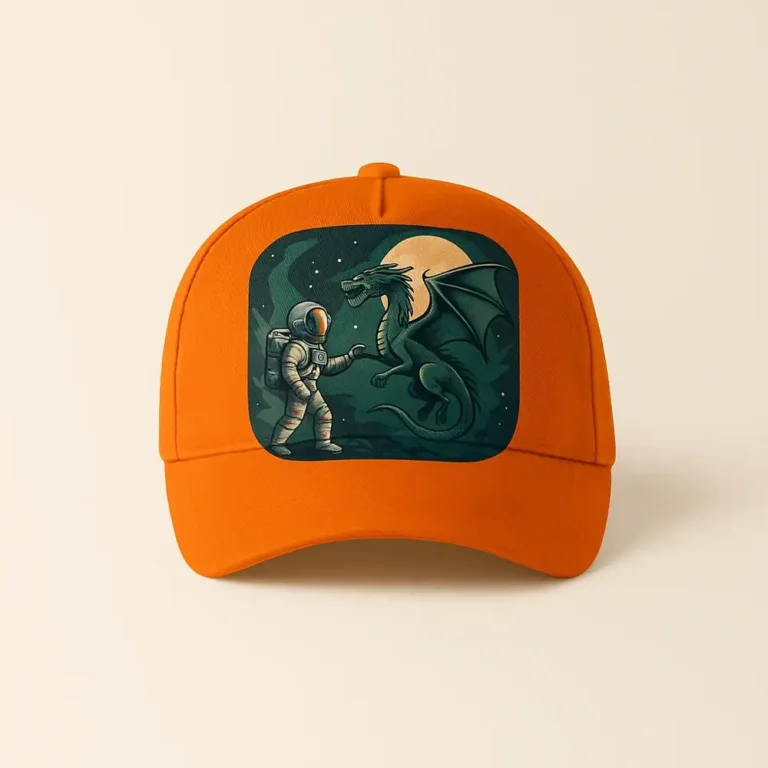 Șapcă portocalie personalizată cu imagine astronaut și dragon sub lună plină – design creativ pe fundal intens, accesoriu unic pentru cadouri sau branding