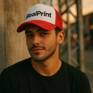 Șapcă roșie inscripționată – model unisex iRealPrint purtat de bărbat, față albă cu text negru și cozoroc roșu intens