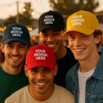 Șapcă roșie personalizată cu nume – purtată în grup, model unisex, ideală pentru echipe, evenimente și branding vizibil