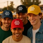 Șapcă personalizată roșie purtată la festival – model unisex, contrast clar cu personalizare albă, ideală pentru branding vizibil și evenimente